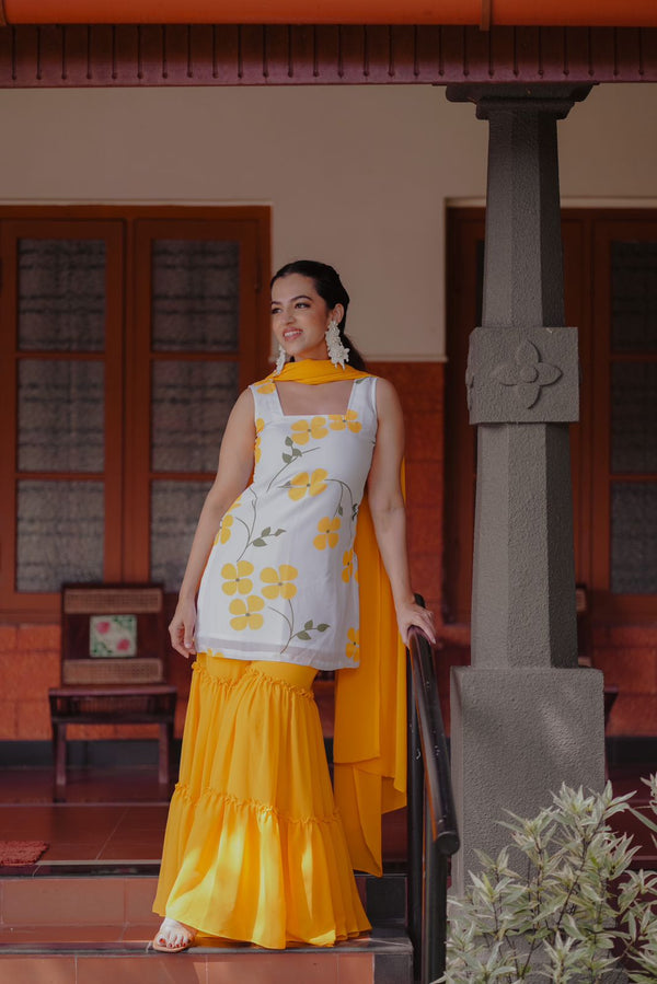 Floral Yellow Bliss - White Floral Top with Yellow Sharara Pants