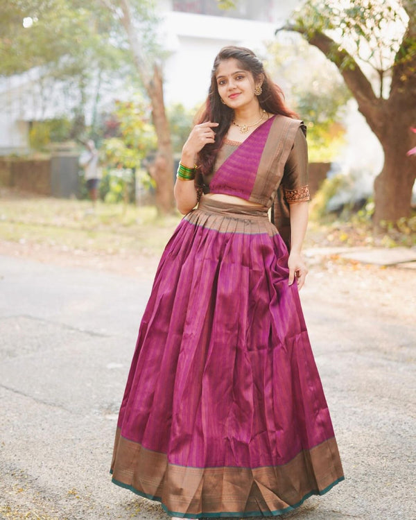 Purple and Green Semi Silk Traditional Skirt and Top